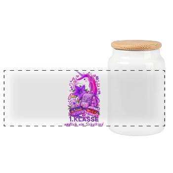 Einhorn Schulstart Rosa 1. Klasse Schulkind - Panorama Keksdose mit Holzdeckel - Weiß - Vorne