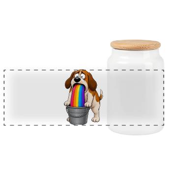 Rainbow Barfing Dog Bucket Mess - Panoramic Cookie Jar with Wooden Lid - white - Front