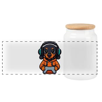 Cute gaming dachshund with headset - Panoramic Cookie Jar with Wooden Lid - white - Front