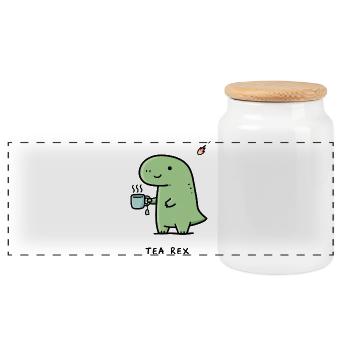 Kleiner Dino mit Kaffee - Panorama Keksdose mit Holzdeckel - Weiß - Vorne