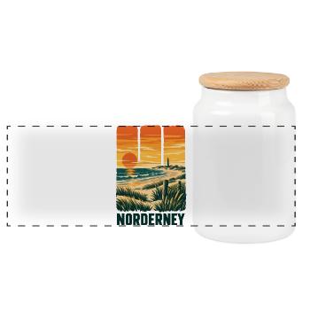 Norderney Sonnenuntergang - Panorama Keksdose mit Holzdeckel - Weiß - Vorne