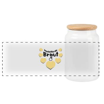 JGA lustiger Spruch Partyspiel beschrifte d. Braut - Panorama Keksdose mit Holzdeckel - Weiß - Vorne
