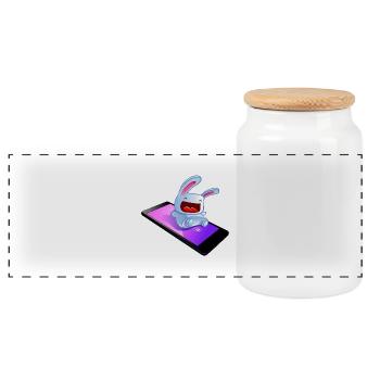 lapin sur son téléphone - Boîte à biscuits avec couvercle en bois - blanc - Devant