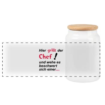 Here grilling the chef - Panoramic Cookie Jar with Wooden Lid - white - Front