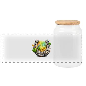 Lucky Horseshoe with Clover and Coins - Panoramic Cookie Jar with Wooden Lid - white - Front