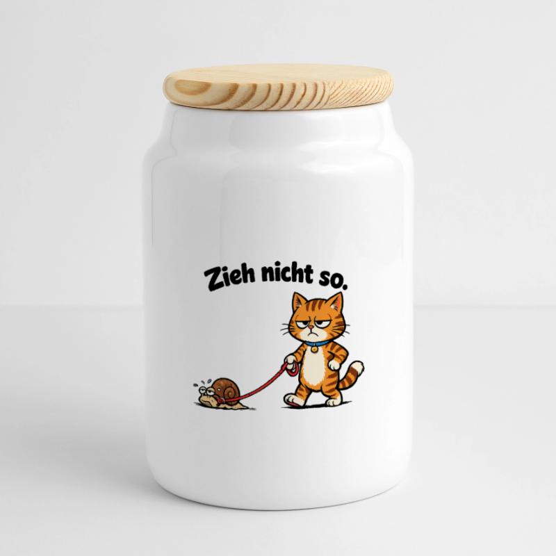 Cat frustration when pulling snails Panoramic Cookie Jar with Wooden Lid