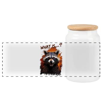 Angry raccoon – "What is...?" - Panoramic Cookie Jar with Wooden Lid - white - Front