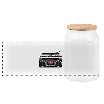 Retro Boombox Grafik - Panorama Keksdose mit Holzdeckel - Weiß - Vorne