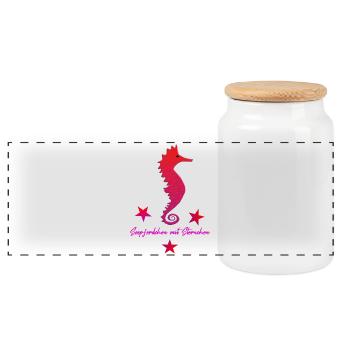red seahorse with star pink - Panoramic Cookie Jar with Wooden Lid - white - Front