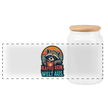 Kaffee rein. Welt aus. – Waschbär - Panorama Keksdose mit Holzdeckel - Weiß - Vorne