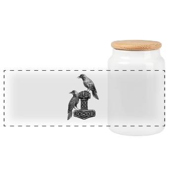 Thor Hammer Mjölnir with Odin Ravens Hugin and Munin - Panoramic Cookie Jar with Wooden Lid - white - Front