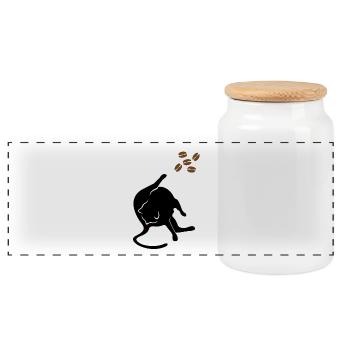 Cat licks butt and thinks about coffee caffeine - Panoramic Cookie Jar with Wooden Lid - white - Front