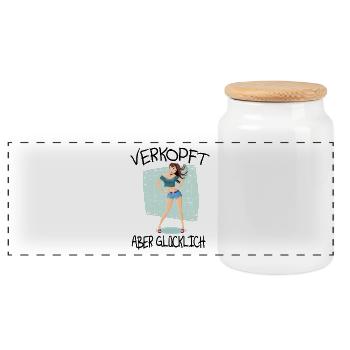 Verkopft aber glücklich #verkopft - Panorama Keksdose mit Holzdeckel - Weiß - Vorne