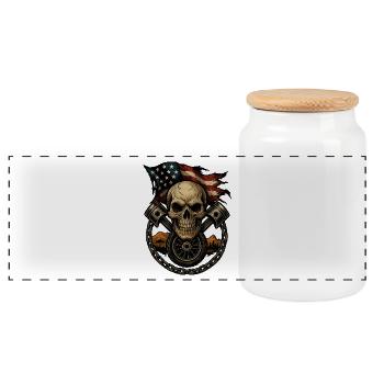 Patriotischer Totenkopf mit Kolben und US-Flagge - Panorama Keksdose mit Holzdeckel - Weiß - Vorne