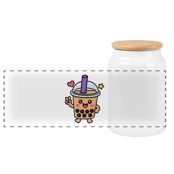 Cute Kawaii Boba Bubble Tea Character - Panoramic Cookie Jar with Wooden Lid - white - Front