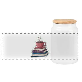 Coffee and stacks of books - Panoramic Cookie Jar with Wooden Lid - white - Front