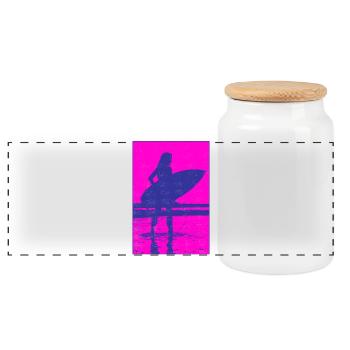 Neon-Silhouette Surferin Strand - Panorama Keksdose mit Holzdeckel - Weiß - Vorne
