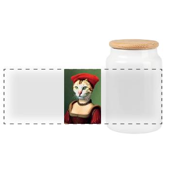 Renaissance Cat Art | Funny Vintage Pet Portrait - Panoramic Cookie Jar with Wooden Lid - white - Front
