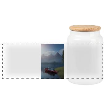Landscape with lake, boat and mountains - Panoramic Cookie Jar with Wooden Lid - white - Front