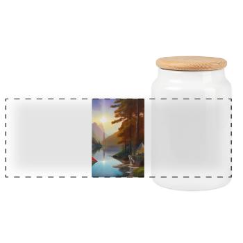 Landscape with lake, sun, boat and mountains - Panoramic Cookie Jar with Wooden Lid - white - Front