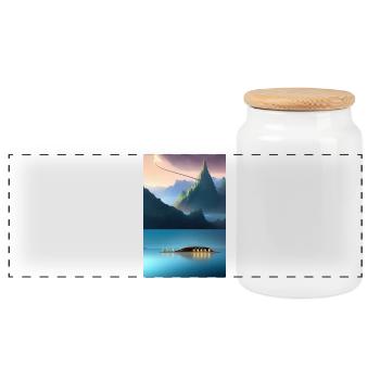 Landscape with lake, boat and mountains - Panoramic Cookie Jar with Wooden Lid - white - Front