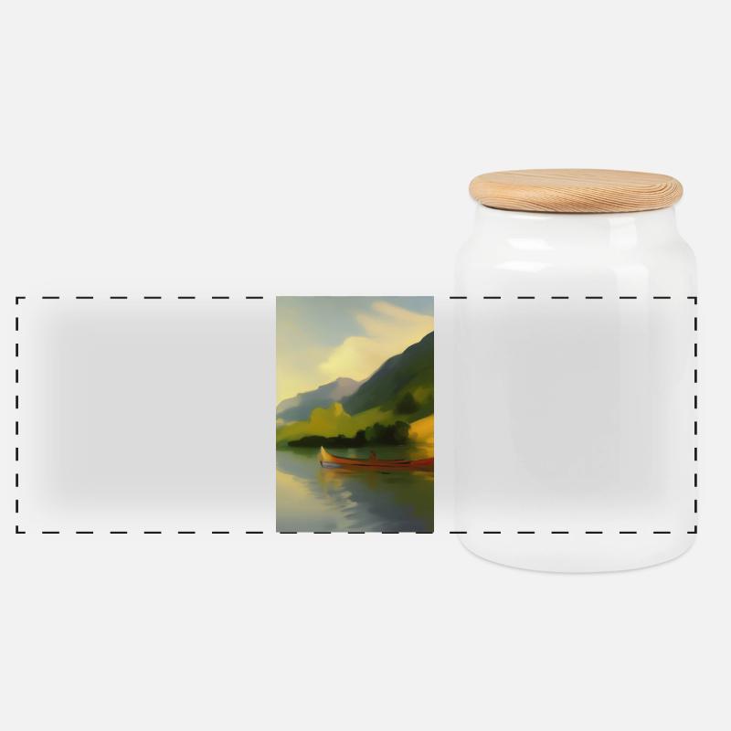 Paesaggio con lago, barca e montagne - Biscottiera con coperchio in legno - bianco