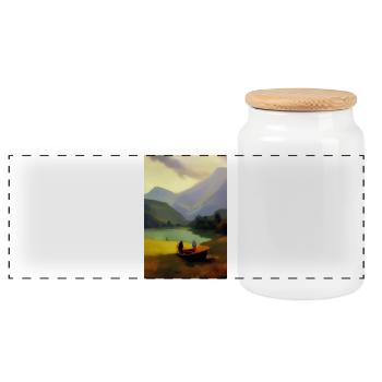 Landscape with lake, boat and mountains - Panoramic Cookie Jar with Wooden Lid - white - Front