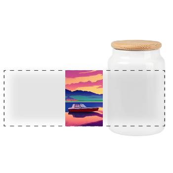 Landscape with lake, boat and mountains - Panoramic Cookie Jar with Wooden Lid - white - Front