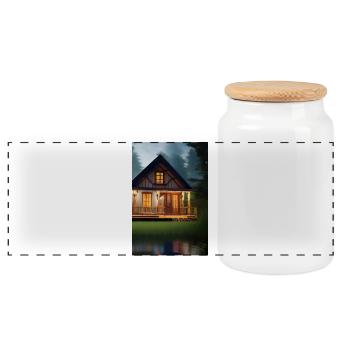 Charming lakeside cabin - Panoramic Cookie Jar with Wooden Lid - white - Front