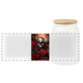 Crâne en métal avec roses - Boîte à biscuits avec couvercle en bois - blanc - Devant