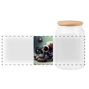 Abstract skull with rose - Panoramic Cookie Jar with Wooden Lid - white - Front