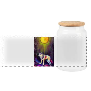 Wolf und Mond - Panorama Keksdose mit Holzdeckel - Weiß - Vorne