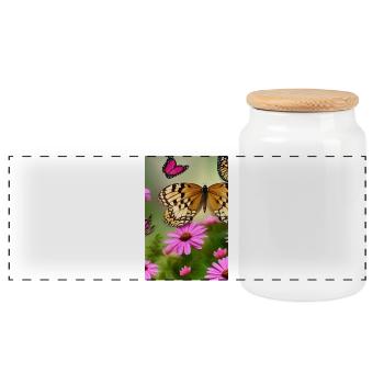 Flowers and butterfly - Panoramic Cookie Jar with Wooden Lid - white - Front