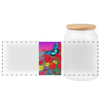 Flowers and butterfly - Panoramic Cookie Jar with Wooden Lid - white - Front