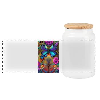 Flowers and Butterfly - Panoramic Cookie Jar with Wooden Lid - white - Front