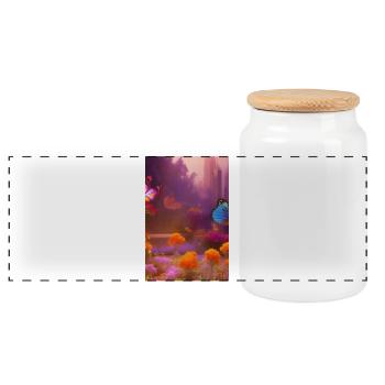 Flowers and butterfly - Panoramic Cookie Jar with Wooden Lid - white - Front