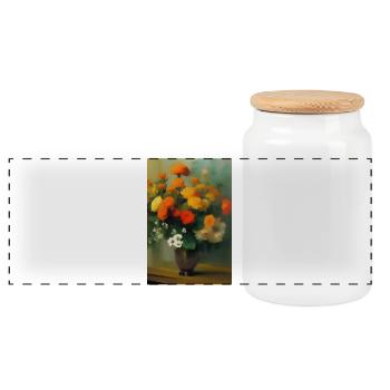 Flowers and Butterfly - Panoramic Cookie Jar with Wooden Lid - white - Front