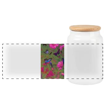 Flowers and Butterfly - Panoramic Cookie Jar with Wooden Lid - white - Front