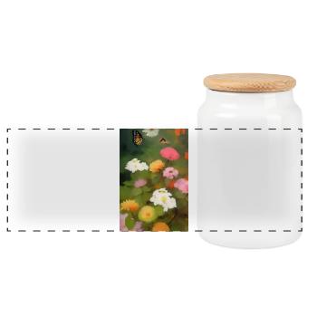 Flowers and Butterfly - Panoramic Cookie Jar with Wooden Lid - white - Front