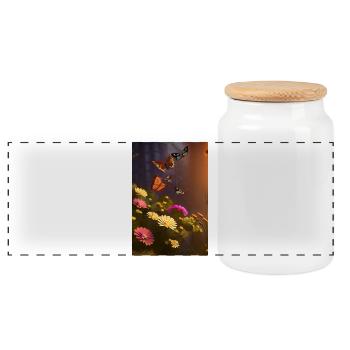 Flowers and Butterfly - Panoramic Cookie Jar with Wooden Lid - white - Front