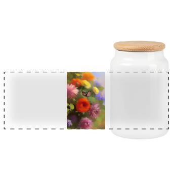 Flowers and butterfly - Panoramic Cookie Jar with Wooden Lid - white - Front