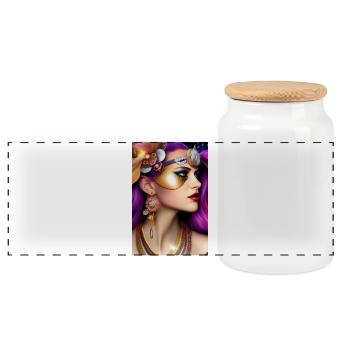 Beautiful woman with mask - Panoramic Cookie Jar with Wooden Lid - white - Front