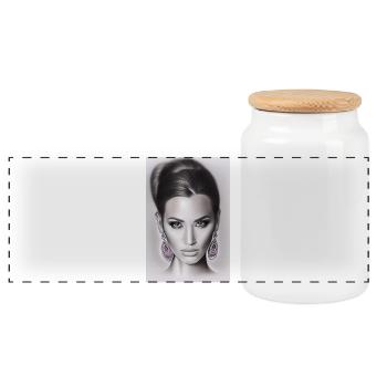 Woman with earring - Panoramic Cookie Jar with Wooden Lid - white - Front