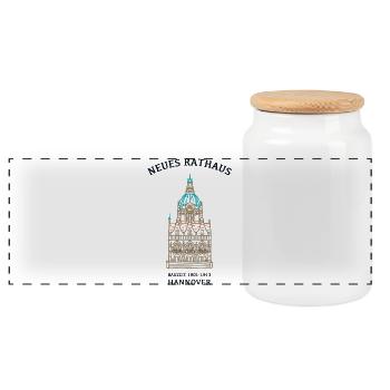 Hannover, Südseite Neues Rathaus, Wahrzeichen - Panorama Keksdose mit Holzdeckel - Weiß - Vorne