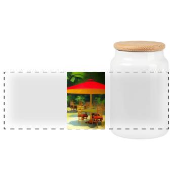 Outdoor Asian Cafe - Panoramic Cookie Jar with Wooden Lid - white - Front