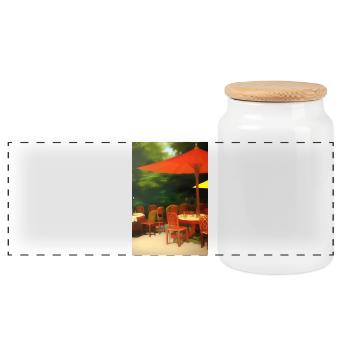 Outdoor Asian Cafe - Panoramic Cookie Jar with Wooden Lid - white - Front