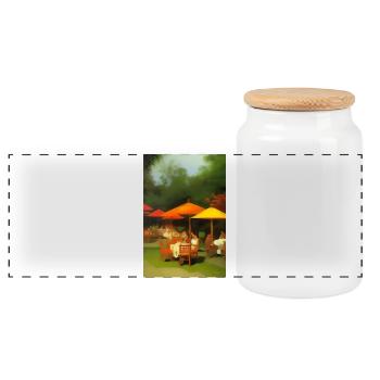 Outdoor Asian Cafe - Panoramic Cookie Jar with Wooden Lid - white - Front