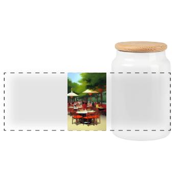 Outdoor Asian Cafe - Panoramic Cookie Jar with Wooden Lid - white - Front