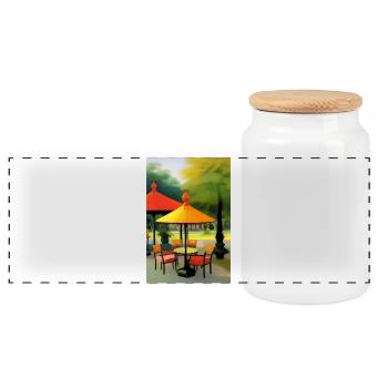 Outdoor Asian Cafe - Panoramic Cookie Jar with Wooden Lid - white - Front
