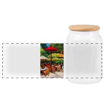 Outdoor Asian Cafe - Panoramic Cookie Jar with Wooden Lid - white - Front